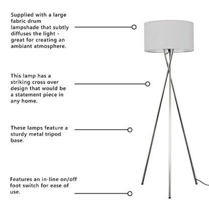 Modern Polished Chrome Metal Tripod Floor Lamp with a Pale Grey Cylinder Shade 3 Modern Polished Chrome Metal Tripod Floor Lamp with a Pale Grey Cylinder Shade - Image 3