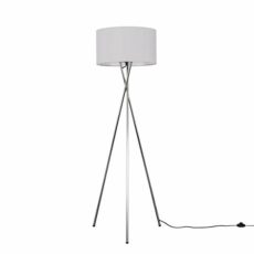 Modern Polished Chrome Metal Tripod Floor Lamp with a Pale Grey Cylinder Shade