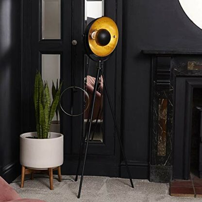 Modern Tripod Style Floor Lamp in a Black Metal Finish with a Gold Interior Shade - Image 4