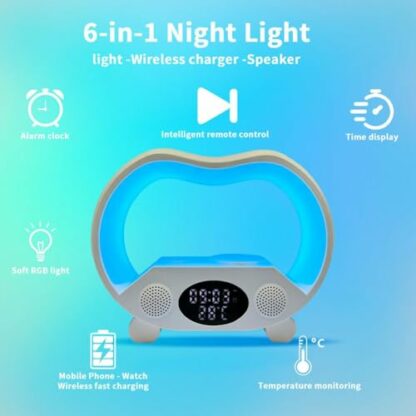 NAUXIU 6-in-1 LED Night Lights with Bluetooth Speaker,Wireless Charger Speaker,Atmosphere Desk Table Lamp Sunrise Alarm Clock Smart Light Sound Machine for Kids Adults Bedside Home Decor - Image 4