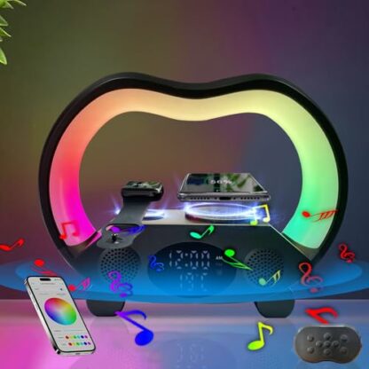 NAUXIU 6-in-1 LED Night Lights with Bluetooth Speaker,Wireless Charger Speaker,Atmosphere Desk Table Lamp Sunrise Alarm Clock Smart Light Sound Machine for Kids Adults Bedside Home Decor - Image 2
