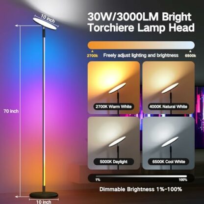 OUTON Floor Lamp 30W 2400LM 4 Color Temperatures, LED Bright Modern Torchiere Uplighter Standing Lamp, Stepless Dimmable Remote Touch Control, 1 Hour Timer for Living Room, Bedroom, Office - Image 4