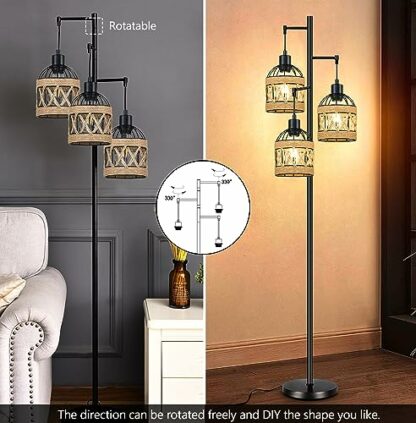 QIYIZM Floor Lamp for Living Room,Bedroom,Boho Rattan Floor Lights,Tree 3 Bulb Standing Lamp Farmhouse Bohemian Decor Black Tall Lamp,Wicker Bamboo Lamp Shade Flower Floor Lamps - Image 3