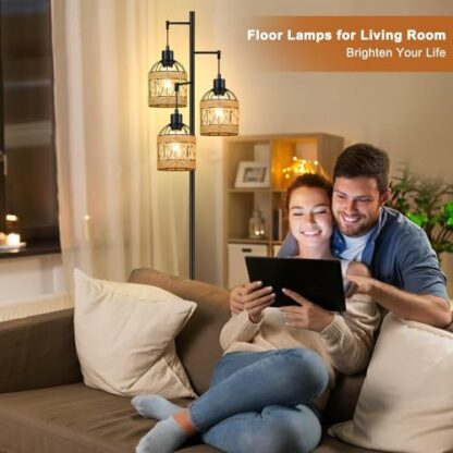 QIYIZM Floor Lamp for Living Room,Bedroom,Boho Rattan Floor Lights,Tree 3 Bulb Standing Lamp Farmhouse Bohemian Decor Black Tall Lamp,Wicker Bamboo Lamp Shade Flower Floor Lamps - Image 4