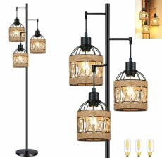 QIYIZM Floor Lamp for Living Room,Bedroom,Boho Rattan Floor Lights,Tree 3 Bulb Standing Lamp Farmhouse Bohemian Decor Black Tall Lamp,Wicker Bamboo Lamp Shade Flower Floor Lamps