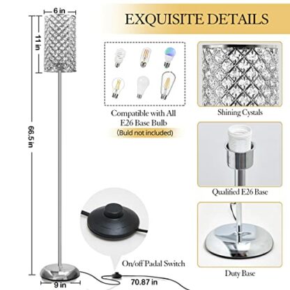 RAYINIGHT Crystal Floor Lamp, Elegant Standing Lamp Modern Floor Lamp Silver Finish Tall Pole Lamp Accent Light with On/Off Foot Switch for Living Room, Girl Bedroom, Dresser, Office, 9 * 9 * 66.5in - Image 3