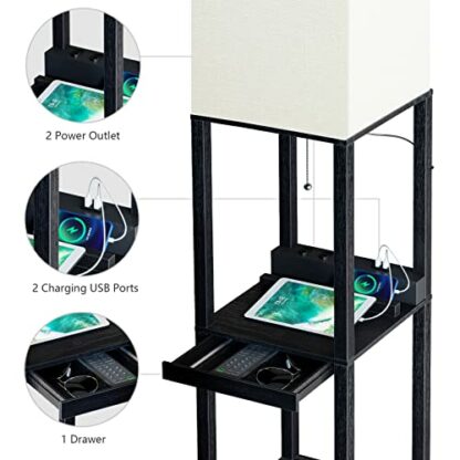SUNMORY Floor Lamp with Shelves，Shelf Floor Lamp by Solid Wood with USB Port and Outlet，Shelf Lamp with Drawer，Tall & Narrow Tower Nightstand for Bedroom and Living Room （Bulb Included） - Image 4