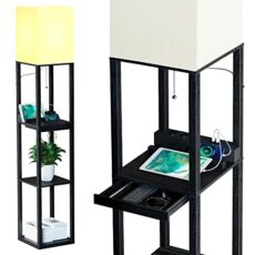 SUNMORY Floor Lamp with Shelves，Shelf Floor Lamp by Solid Wood with USB Port and Outlet，Shelf Lamp with Drawer，Tall & Narrow Tower Nightstand for Bedroom and Living Room （Bulb Included）