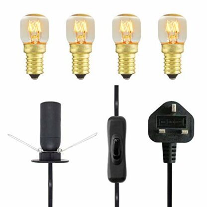 Salt Lamp Replacement Light Fitting with Button + 4 Units of 15 Watt E14 Incandescent Oven Bulb. Black Power Cord Cable Comes with Certified E14 Bulb Holder, Button and British Standard Plug - Image 2