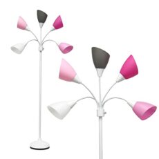 Simple Designs LF2006-WPG 67" Contemporary Multi Head Medusa 5 Light Adjustable Gooseneck White Floor Lamp with Pink, White, Gray Shades for Kids Bedroom Playroom Living Room Office
