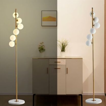 Standard lamps living room Mid Century Modern Floor Lamp for Living Room 6 Globe Lights Gold with Frosted Glass Shades Vintage Floor Lamps for Bedroom Reading - Image 3