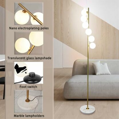Standard lamps living room Mid Century Modern Floor Lamp for Living Room 6 Globe Lights Gold with Frosted Glass Shades Vintage Floor Lamps for Bedroom Reading - Image 4