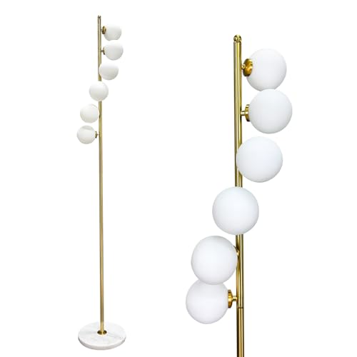 Standard lamps living room Mid Century Modern Floor Lamp for Living Room 6 Globe Lights Gold with Frosted Glass Shades Vintage Floor Lamps for Bedroom Reading