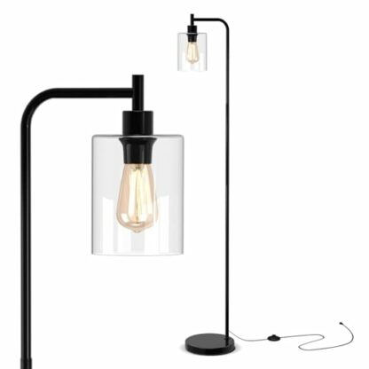 TANGZON Floor Lamp, LED Standing Lamp with Hanging Glass Lampshade, Foot Switch & E27 Socket, Modern Tall Reading Floor Light for Living Room Bedroom Office - Image 2