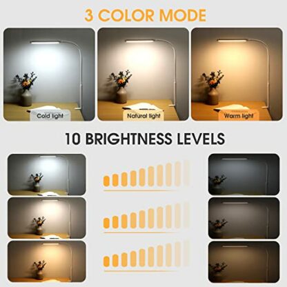 Voncerus LED Desk lamp with Clamp, Eye-Caring Clip on Lights for Home Office, 3 Modes 10 Brightness, Long Flexible Gooseneck,Metal, Swing Arm Architect Task Table Lamps with USB Adapter, White - Image 3