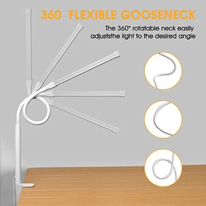 Voncerus LED Desk lamp with Clamp, Eye-Caring Clip on Lights for Home Office, 3 Modes 10 Brightness, Long Flexible Gooseneck,Metal, Swing Arm Architect Task Table Lamps with USB Adapter, White - Image 4