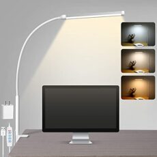 Voncerus LED Desk lamp with Clamp, Eye-Caring Clip on Lights for Home Office, 3 Modes 10 Brightness, Long Flexible Gooseneck,Metal, Swing Arm Architect Task Table Lamps with USB Adapter, White