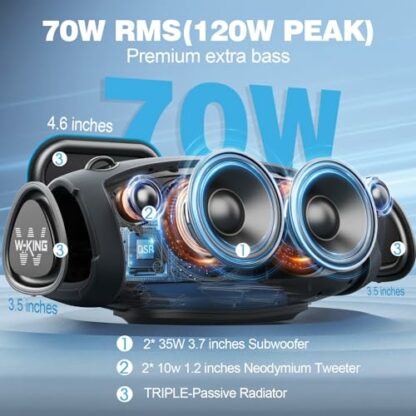 W-KING Bluetooth Speaker, (120W PEAK)70W IPX6 Waterproof Outdoor Wireless Loud Portable Speaker, Triple Passive Radiators-Deep Bass/Hi-fi/DSP/42H/Power Bank/TF Card/AUX/EQ for Party, Free Opener(X10) - Image 3