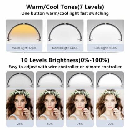 WIAONE Half Moon Light for Nail Desk, 29in 40W Half Moon Table Lamp Nail Desk Lamp with Wire Controller & Remote, Lash Light Lamp for Eyelash Extensions Tattoo PMU, 7 Cool/Warm Tones & 10 Brightness - Image 3