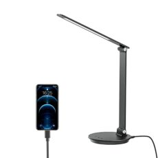 WIAONE MONGERY LED Desk Lamp with USB Charging Port, Touch Control Dimmable Office Lamp, 5 Color Modes 6 Brightness Levels Eye-Caring Table Lamp for Home Office Bedroom Reading Study, and More, Black