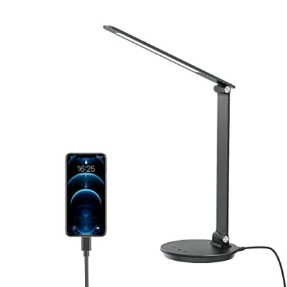 WIAONE MONGERY LED Desk Lamp with USB Charging Port, Touch Control Dimmable Office Lamp, 5 Color Modes 6 Brightness Levels Eye-Caring Table Lamp for Home Office Bedroom Reading Study, and More, Black - Image 2