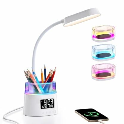 WILIT LED Desk Lamp with Pen Holder, Table Lamp with USB Charging Port & Clock, RGB Ambient Light, 3 Colors, Adjustable Brightness Study Lamp for Kids Student, Reading Light for College Dorm Room - Image 2