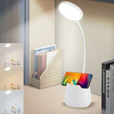 WIYETY Children's LED Desk Lamp, Dimmable Table Lamp, USB Bedside Lamp with 3 Colour Temperatures, Bedside Lamp Children with Touch Sensor and Flexible Arm with Mobile Phone Holder, Night Light, White