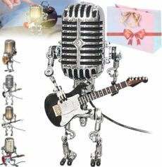 Wbietu Mic Rockbot, Vueeze Mic Rockbot, Sherum Mic Rockbot, Vintage Microphone Robot Desk Lamp, Metal Microphone Robot Lamp with Mini Guitar,Holding Guitare Vintage Night Light