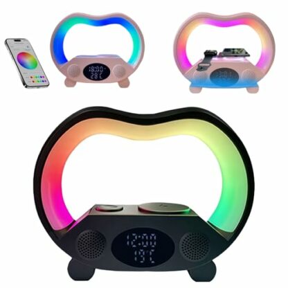 Wireless Charging Speaker,6 in 1 Night Light,Bluetooth Speaker,Wireless Phone Charger,Alarm Clock,Thermometer,Time Display,App Control Bluetooth Speaker Charger Atmosphere Lamp,Gift for Xmas - Image 2