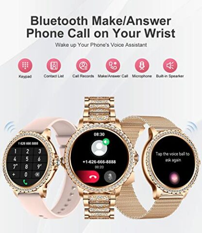 Women's Smart Watch Bluetooth Phone Calls for Android iOS 100+ Sport Fitness Tracker 1.32" HD Female Smartwatch Heart Rate Sleep Monitor Diamond Ladies Smartwatch Rose Gold Steel,2 Watch Straps - Image 3