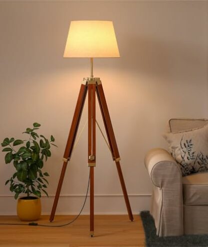 Wooden Tripod Floor Lamp Standing Brown Polished Brass Antique Adjustable 5Ft Height Standing Lamp for Living Room, Bedroom, Corner (Without Shade) - Image 2