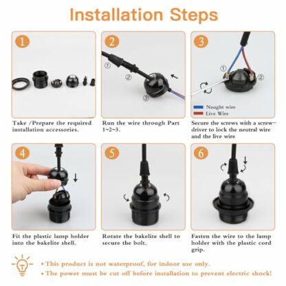 Zevnico 6 Pcs E27 Lamp Holder, Vintage Black Lampholder with Lampshade External Fixing Ring Fitting, Bakelite 250V 4A, Edison Retro Style Screw E27 Light Bulb Socket, DIY Pendant Hanging Ceiling Light 4 Zevnico 6 Pcs E27 Lamp Holder, Vintage Black Lampholder with Lampshade External Fixing Ring Fitting, Bakelite 250V 4A, Edison Retro Style Screw E27 Light Bulb Socket, DIY Pendant Hanging Ceiling Light - Image 4
