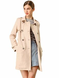 Allegra K Women's Notched Lapel Double Breasted Faux Suede Trench Coat Jacket with Belt
