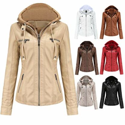 Biker Jacket Women's Leather Women's Hooded Jacket Motorcycle Jacket Funky Slim Faux Leather Jacket Trendy Functional Jacket Women with Hood Long Sleeve Transition Jacket Outdoor Jacket Slim Fit - Image 4