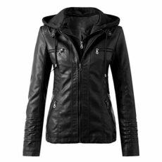 Biker Jacket Women's Leather Women's Hooded Jacket Motorcycle Jacket Funky Slim Faux Leather Jacket Trendy Functional Jacket Women with Hood Long Sleeve Transition Jacket Outdoor Jacket Slim Fit