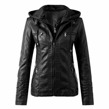Biker Jacket Women's Leather Women's Hooded Jacket Motorcycle Jacket Funky Slim Faux Leather Jacket Trendy Functional Jacket Women with Hood Long Sleeve Transition Jacket Outdoor Jacket Slim Fit - Image 2