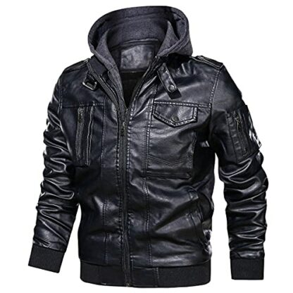CARWORNIC Men's Faux Leather Jacket Winter Warm Casual Motorcycle Bomber Leather Coat with Removable Hood - Image 3