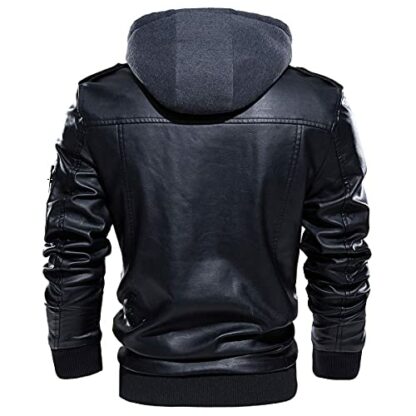 CARWORNIC Men's Faux Leather Jacket Winter Warm Casual Motorcycle Bomber Leather Coat with Removable Hood - Image 4
