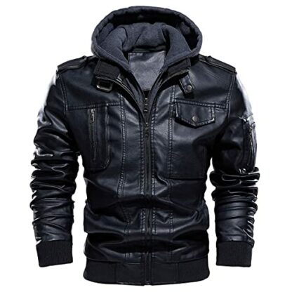 CARWORNIC Men's Faux Leather Jacket Winter Warm Casual Motorcycle Bomber Leather Coat with Removable Hood - Image 2