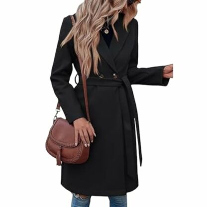 Coats for Women UK Womens Autumn and Winter Lapel Woolen Coat Long Trench Jacket Windbreaker Double Breasted Overcoat Outwear Sale Ladies Casual Smart Peacoats Solid Colour Trench Coat - Image 4