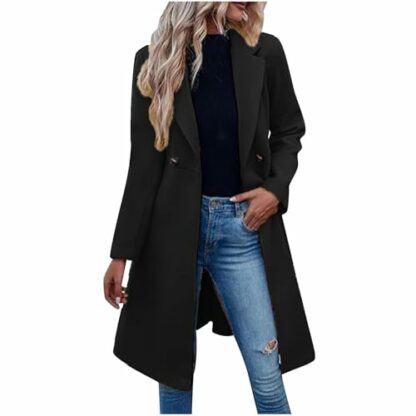 Coats for Women UK Womens Autumn and Winter Lapel Woolen Coat Long Trench Jacket Windbreaker Double Breasted Overcoat Outwear Sale Ladies Casual Smart Peacoats Solid Colour Trench Coat - Image 2