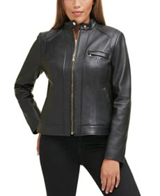 Cole Haan Women's Zip Front Fully Lined Leather Coat Jacket