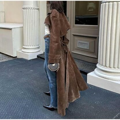 CupitiDU Suede Trench Coat Women Long Trench Coats,2024 Fall Winter Long Pea Coat Faux Leather Double Breasted Jackets,Vintage Belted Maxi Outwear With Belt,Thick Warm Jacket Outerwear - Image 3