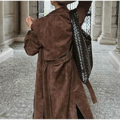 CupitiDU Suede Trench Coat Women Long Trench Coats,2024 Fall Winter Long Pea Coat Faux Leather Double Breasted Jackets,Vintage Belted Maxi Outwear With Belt,Thick Warm Jacket Outerwear - Image 4