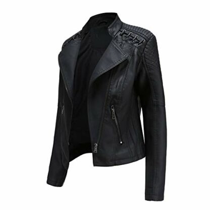 E-Girl Women's Faux Leather Biker Jacket Short PU Moto Biker Outwear Fitted Zipper Jacket Stand Collar Spring and Autumn Coat,P6638 - Image 4