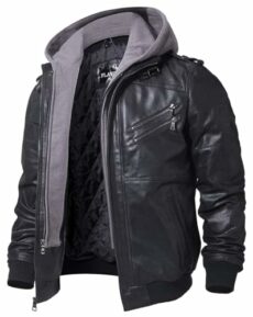 FLAVOR Men's Real Leather Jacket with Removable Hood Brown Genuine Leather