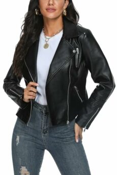 Fahsyee Women's Faux Leather Jackets, Zip Up Motorcycle Short PU Moto Biker Outwear Fitted Slim Coat