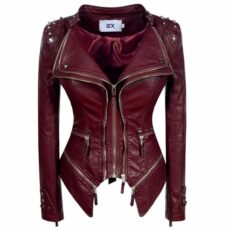 Fashion SX Women's Studded Rivets Faux Leather Jacket Plus Size Motorcycle Leather Casual Coats