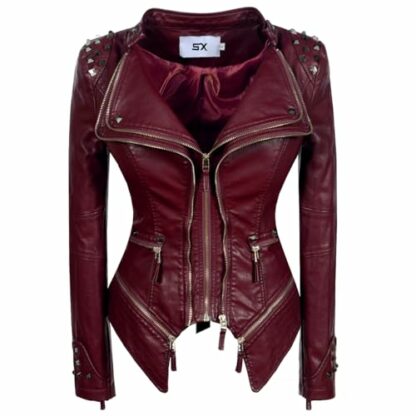 Fashion SX Women's Studded Rivets Faux Leather Jacket Plus Size Motorcycle Leather Casual Coats - Image 2