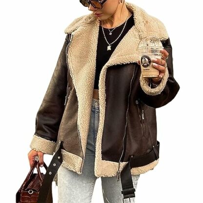FeMereina Women Faux Lamb Fur Leather Short Jacket Lapel Zipper Bomber Outwear Faux Suede Lapel Coat Warm Biker Motor Aviator Coat 3 FeMereina Women Faux Lamb Fur Leather Short Jacket Lapel Zipper Bomber Outwear Faux Suede Lapel Coat Warm Biker Motor Aviator Coat - Image 3